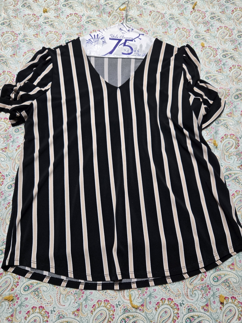 Adrianna Papell Black and Cream Vertical Stripe V-Neck Tunic